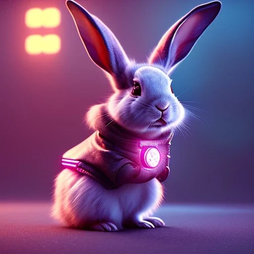 pixar style anamorphic cute cyberpunk rabbit baby, smiling,gangsta gold neckless, full body, magenta puffer jacket, manila city backdrop, hyper realistic, unreal engine 5, 16k