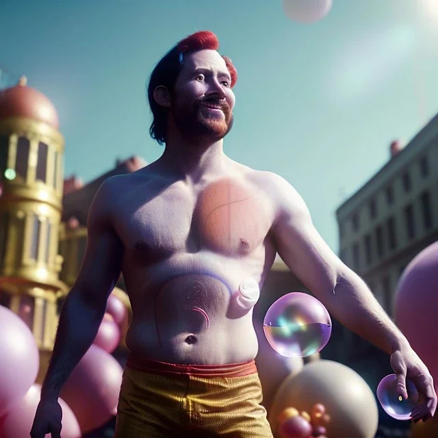 Ultra realistic circus scene. Naked stronger man, waist up view, Wes Anderson style, happy, bubbles, highly detailed, concept art, unreal engine 5, god rays, ray tracing, RTX, lumen lighting, ultra detail, volumetric lighting, 3d, finely drawn, high definition, high resolution.