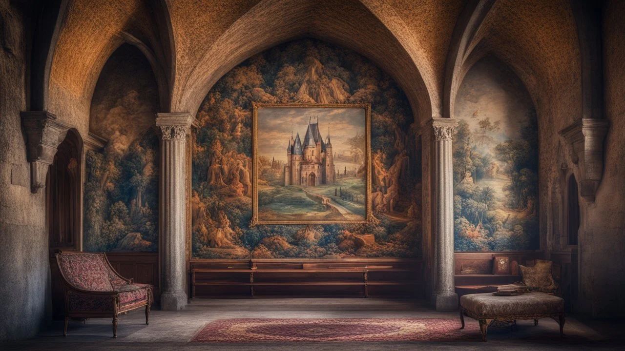 inside a medieval castle interior, magnificent, coloured pictorial tapestries, coat of arms, dream world, calm beauty, fantasy world, magic, splendor, uplifting, inspiring, therapeutic, chiaroscuro, color, award-winning colour photograph, beautiful composition, exquisite detail, Nikon 55mm