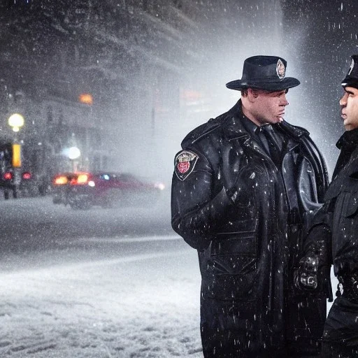 large muscular police officer speaking to a muscular man wearing a trench coat, downtown snowy new york at night, dramatic, dramatic lighting, volumetric lighting, hyperrealism, 8k, high quality, photorealistic, lot of details