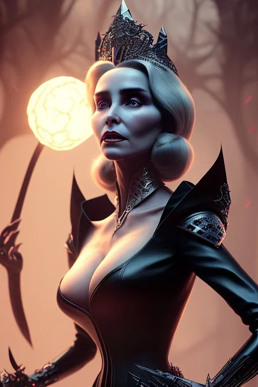 Constance Langdon as evil queen in black leather, leather, busty, cleavage, angry, stern look. character design by cory loftis, fenghua zhong, ryohei hase, ismail inceoglu and ruan jia. unreal engine 5, artistic lighting, highly detailed, photorealistic, fantasy