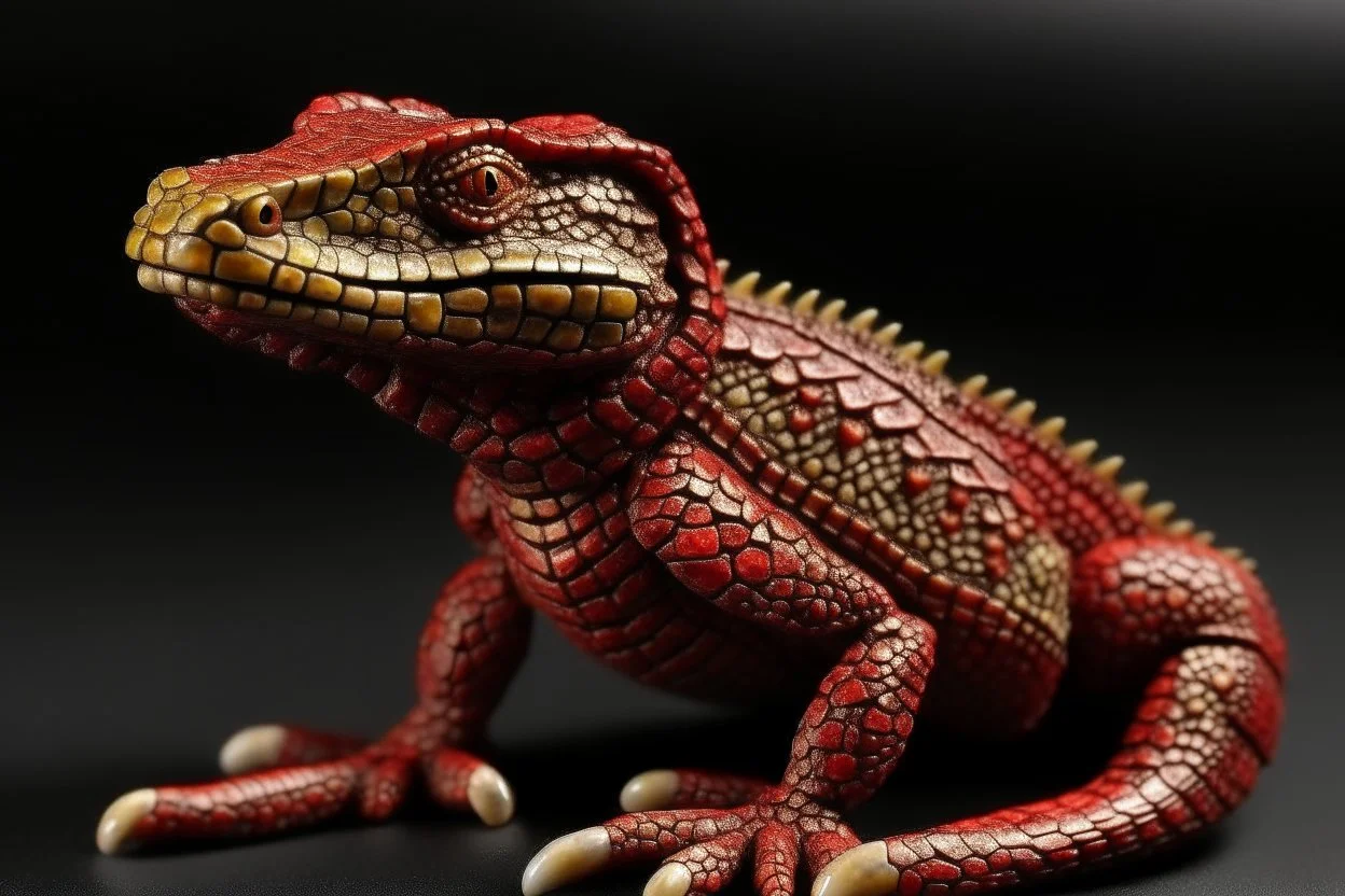 A dark red reptile designed in Ica stones