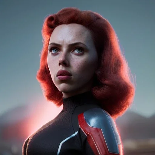 retro sci-fi portrait image from 1960, supermarket parking explosion, fire, classic black widow, young Scarlett Johansson, tight lycra suit, soft color, highly detailed, unreal engine 5, ray tracing, RTX, lumen lighting, ultra detail, volumetric lighting, 3d, finely drawn, high definition, high resolution.