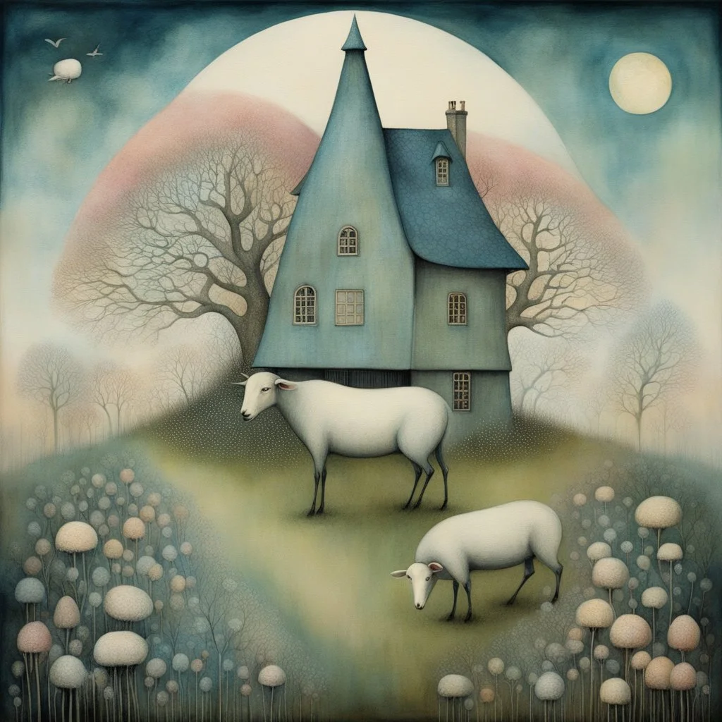 Intricately textured Amanda Clark, Catrin Welz-Stein, Zdzisław Beksiński and Dee Nickerson style mix, iridescent pastel colours; "Whimsical, bizarre, twisted, bending house on a flowering meadow, branches growing from roof, fences, many sheep," watercolor painting, meticulous detail with fine pen strokes, intricate patterns, fantasy landscape elements, fractals, dreamlike atmosphere, imaginative composition, artistic interpretation by SK, intricate linework, organic textures, sunny lighting, exp