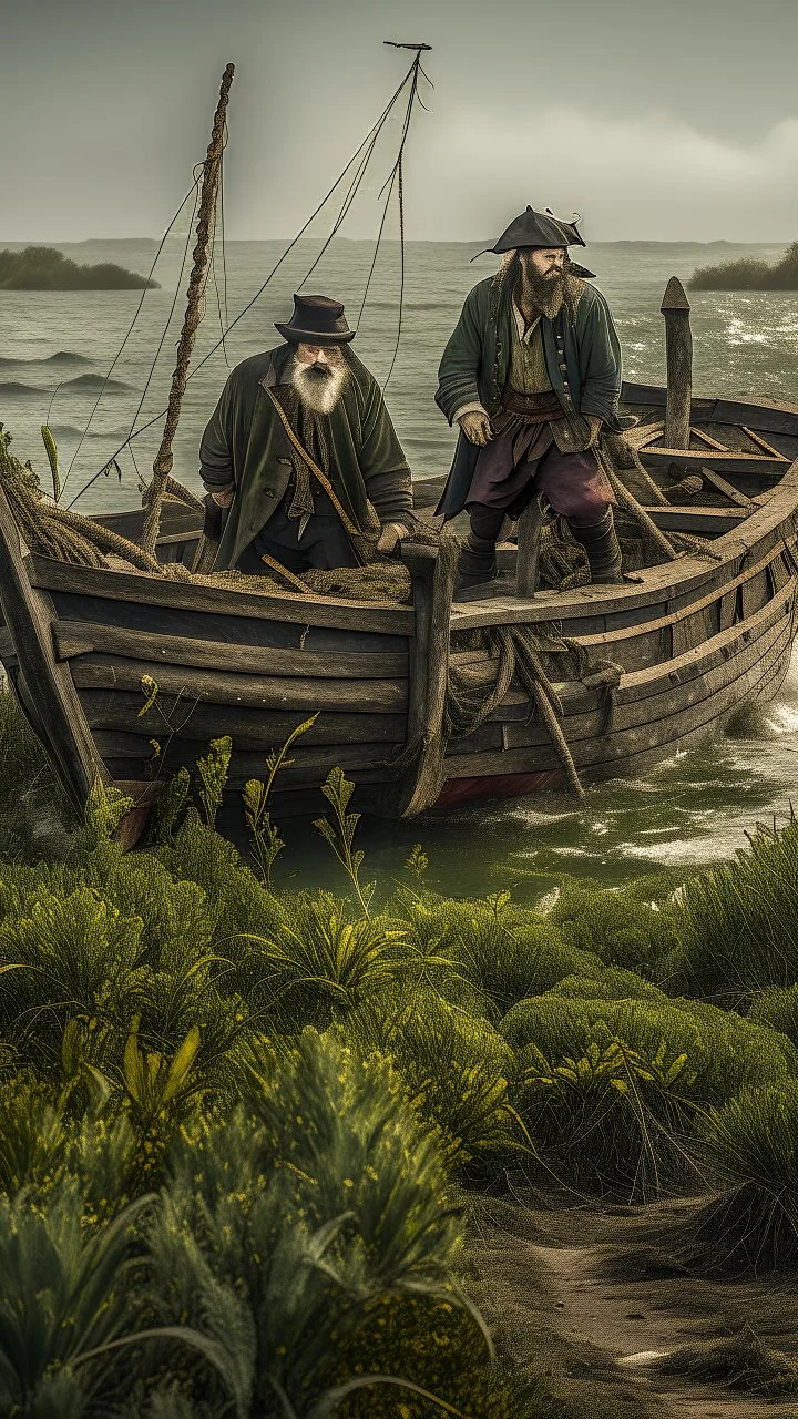 Two pirates pushing to the ocean An abandoned boat covered with see weeds