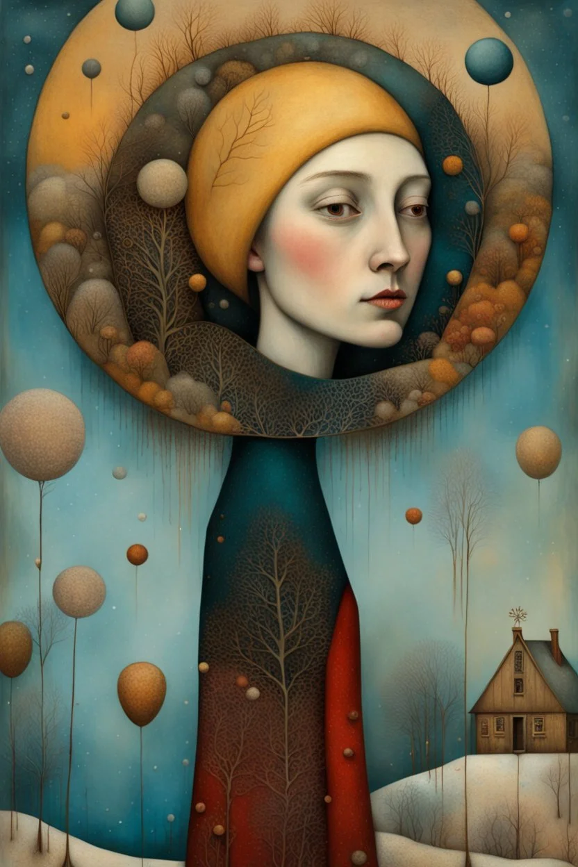 Richly textured Hieronymus Bosch, Catrin Welz-Stein, William Turner, Zdzisław Beksiński, Jacek Yerka oil on canvas zentangle line art style mix, surreal frosted fantasyland winter oceanscape, hoarfrost on trees, high grasses, snow and cottages, withered flowers, pale sunrise; paint splatter, beautiful vibrant colors, reflections, SK, flying seagulls, dramatic clouds, snowfall.