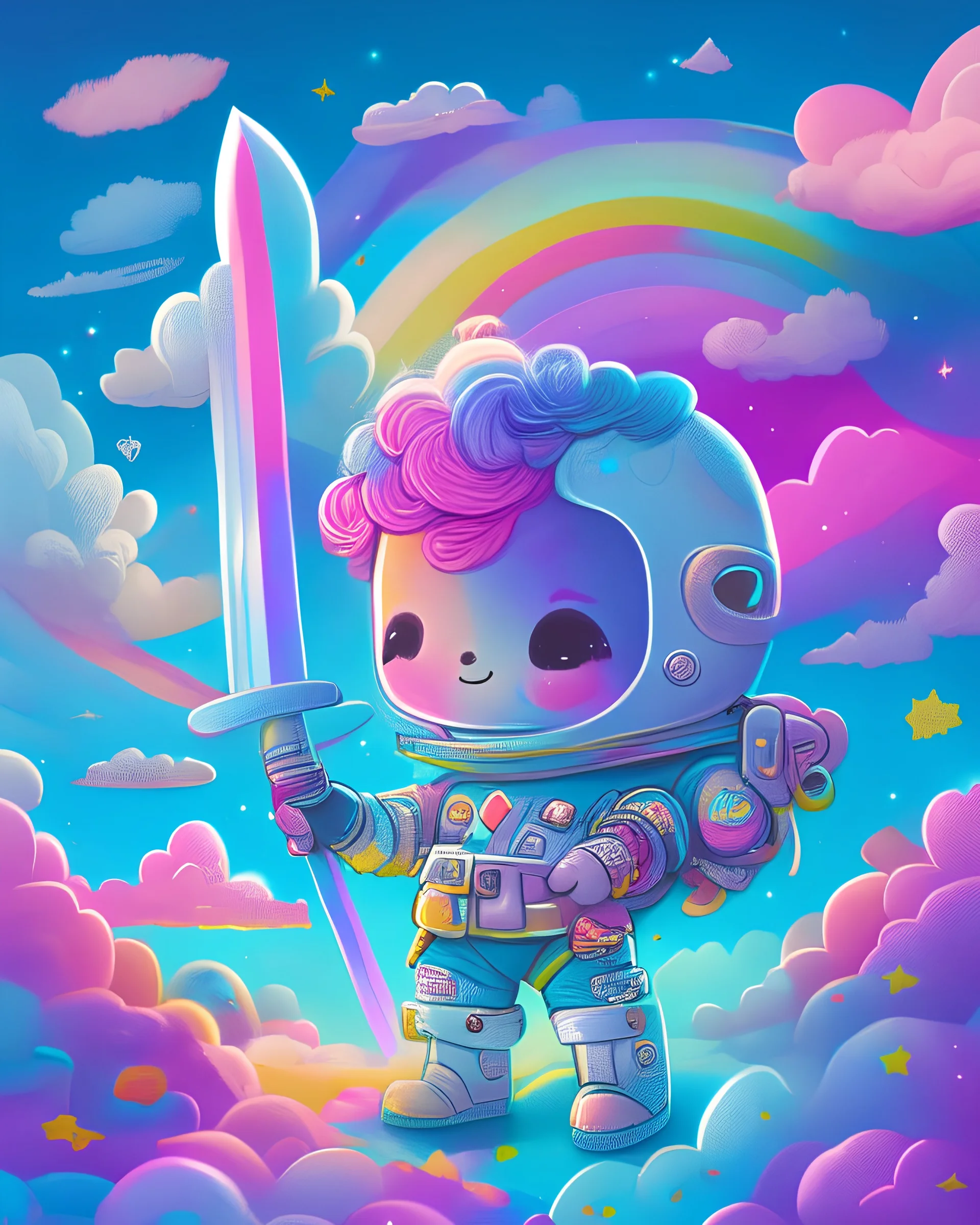 Highly detailed portrait of a cute little astronaut. He has a bright and cheerful color scheme, featuring a mix of pastel blues, pinks, and purples, standing with his arms folded holding a toy sword, surrounded by a swirl of energy. The background is a colorful cartoon landscape, with fluffy clouds and a rainbow. The background is a stark, metallic landscape, with a futuristic cityscape visible in the distance. by atey ghailan, by eduard hopper, by greg tocchini, by james gilleard, grunge aesthe