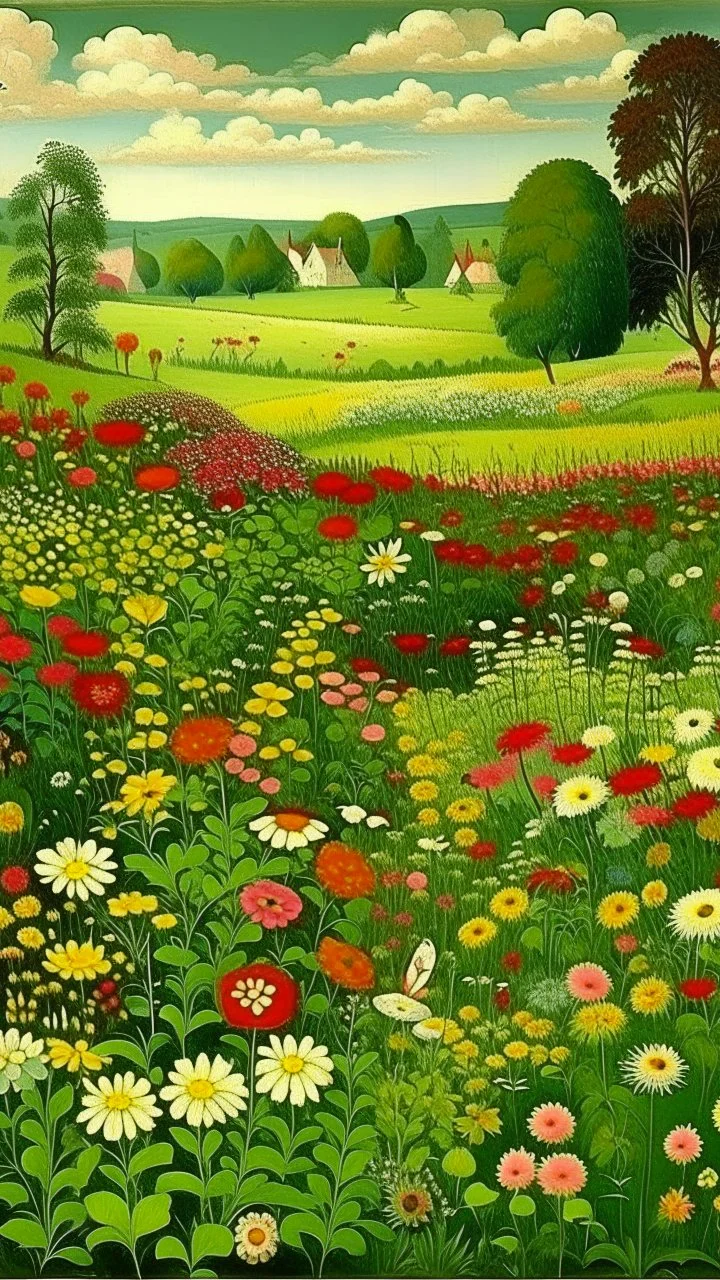 A green meadow filled with flowers painted by Edward Hicks