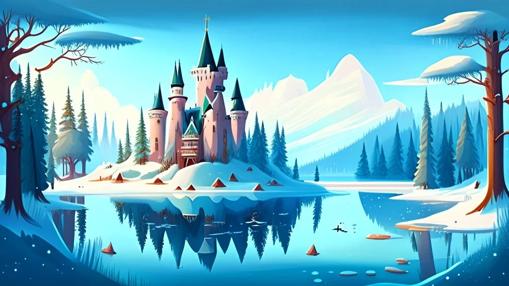 cartoon illustration: a large beautiful frozen lake and next to the lake is a magical castle. The castle is on a hill, surrounded by pine trees.