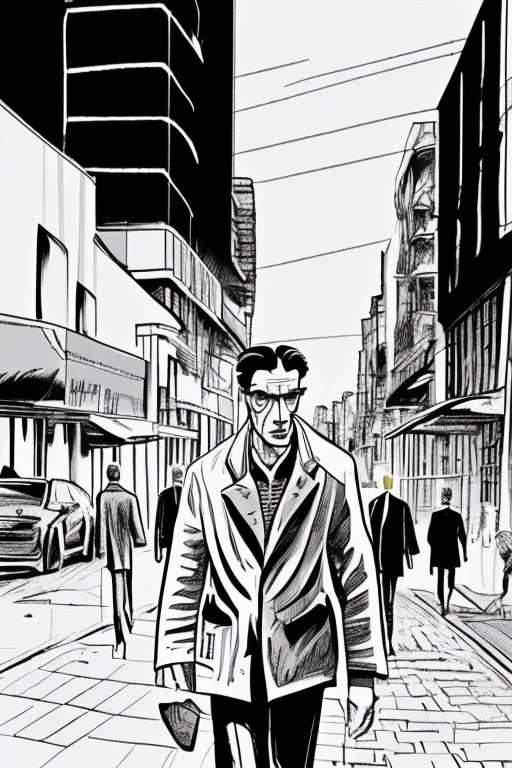 Street, two men walking. Graphic novel style Isabel Kreiz