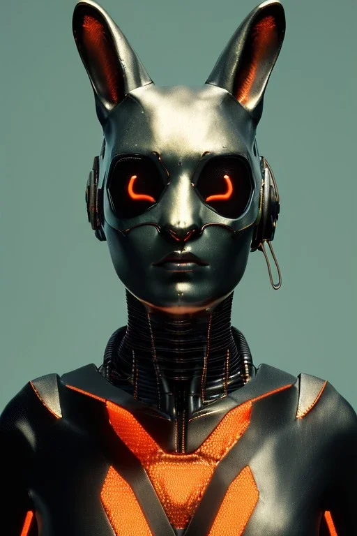 Medium Close Up Portrait, Front image. cyberpunk, rabbit mask, british woman, titanium hair. Latex suit army. Orange, black, color. Rocketer style. Color background, photo studio. Avatar image, highly detailed, concept art, smooth, unreal engine 5, ray tracing, RTX, lumen lighting, ultra detail, volumetric lighting, 3d, finely drawn, high definition, high resolution.