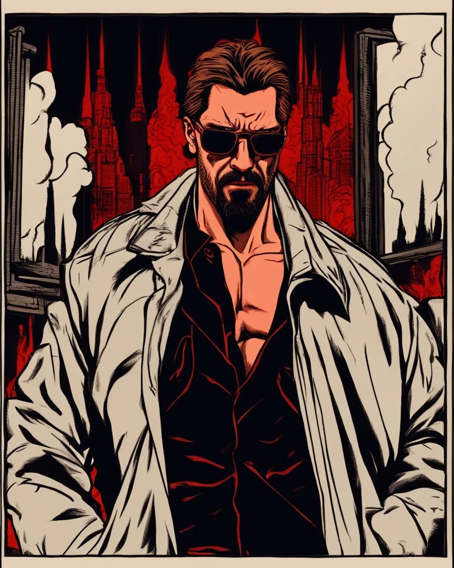 a young man with big muscles who looks like hans gruber wearing a heavy coat and red sunglasses staring with an irritated look on his face standing in front of a large fire