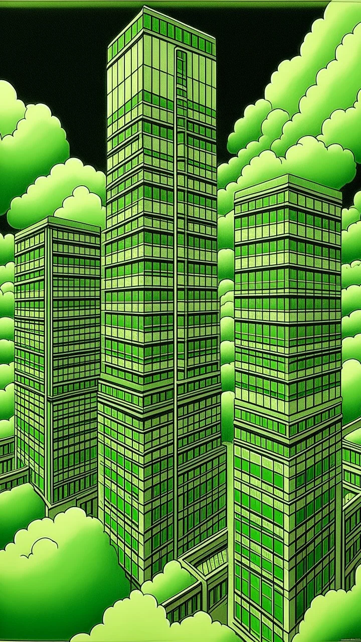 Towers in light green clouds painted by MC Escher