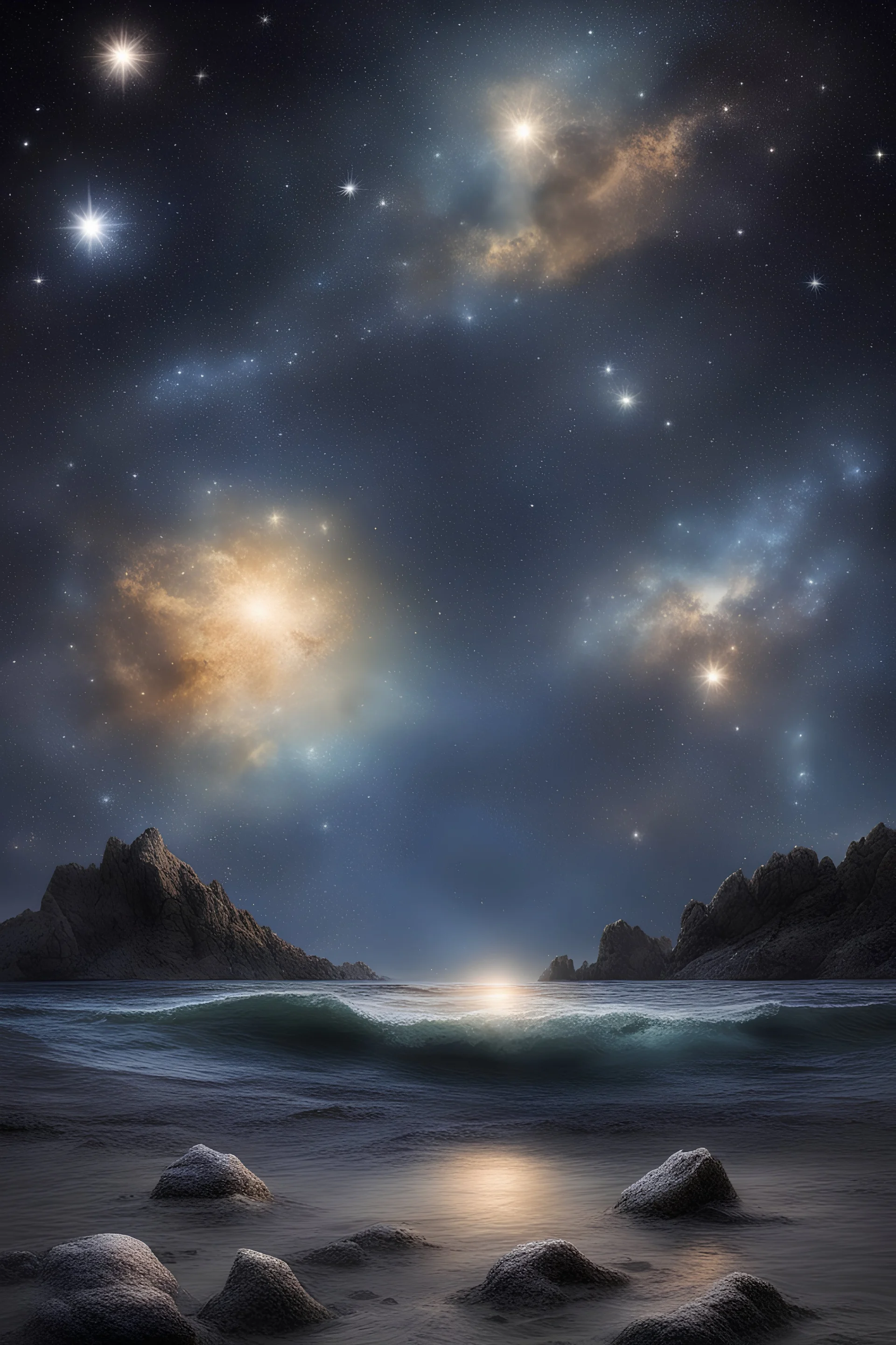 cielo stellato cristalli luci astronavi magia mare