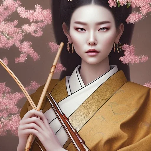 portrait of asian goddess wearing traditional kimono and holding bamboo umbrella, stunning, beautiful, gorgeous, cherry blossoms, realistic, photo illustrative, ornate, 8K resolution, high-quality, fine-detail, digital art, detailed matte, brian froud, howard lyon, selina french, anna dittmann, annie stokes, lisa parker, greg rutowski, alphonse mucha