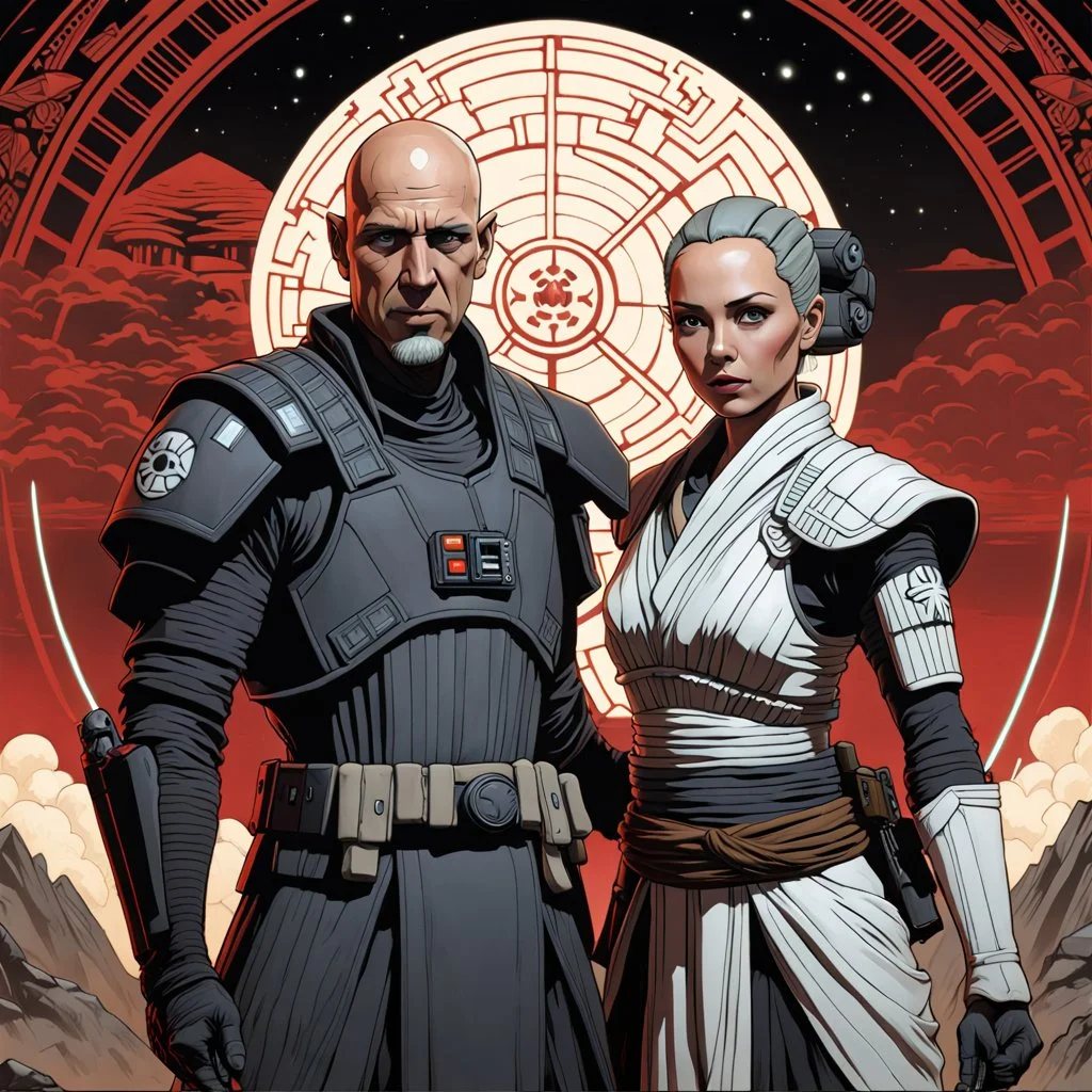 a bold and heroic bald male Corellian pilot in black and grey First Order special forces gear meets a female Jedi Master in ancient, mystical temple, hyperdetailed, dynamic lighting, hyperdetailed background, 8k resolution, volumetric lighting, light skin, fully symmetric details