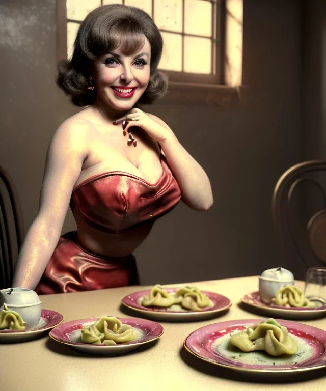 Ultra realistic photographic portrait, happy young Gina Lollobrigida woman sitting with arms resting on Italian kitchen table, pretty tortellini dish, retro dress by 1960, classic style decoration, cold, soft color, highly detailed, unreal engine 5, ray tracing, RTX, lumen lighting, ultra detail, volumetric lighting, high definition.