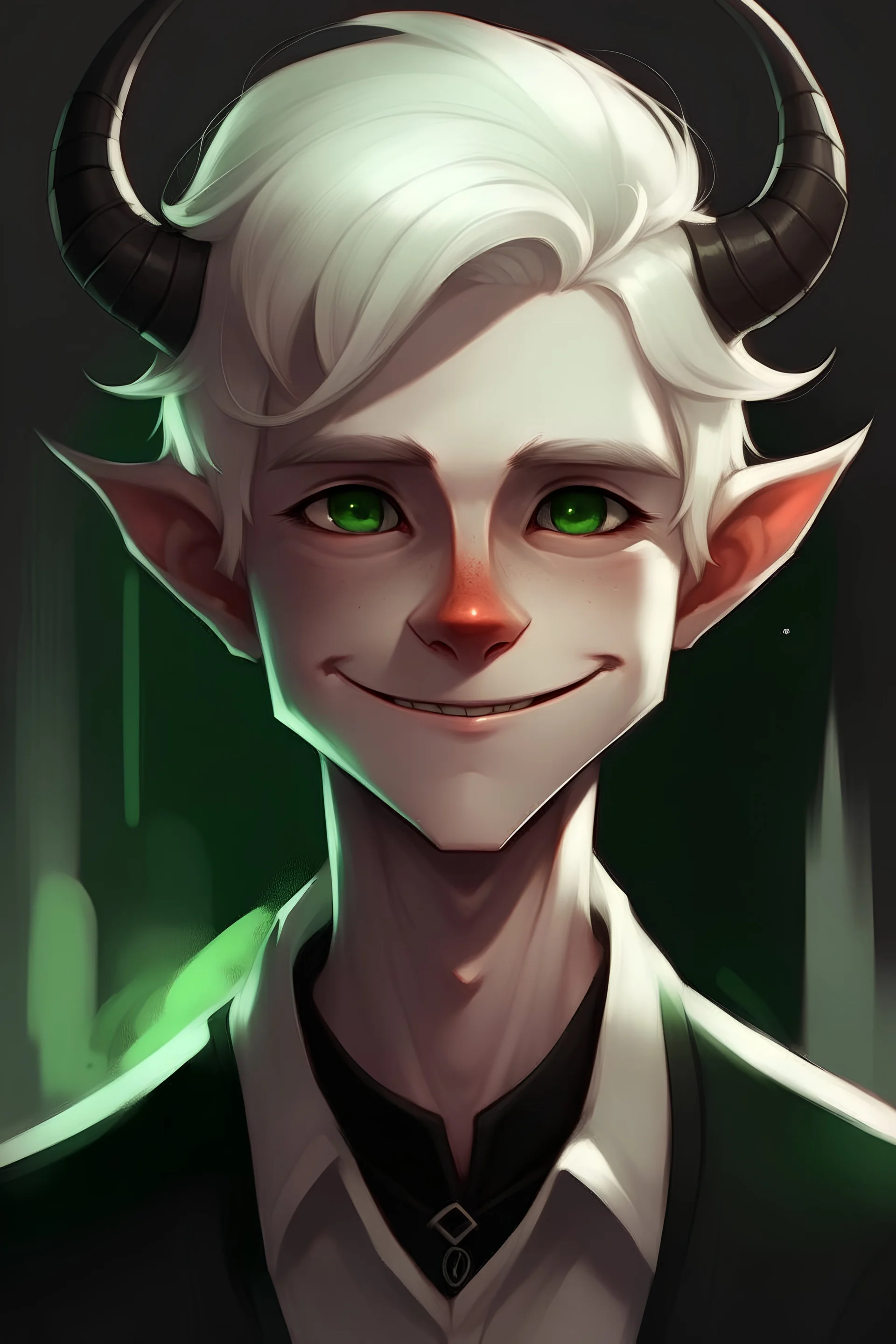 Male, solo; petite, little, short stature, baby face, short hair, white hair, antenna hair, smirk, v-shaped_eyebrows, green eyes, black skin, thick_eyebrows, grin, round face, black devil horns give him black skin