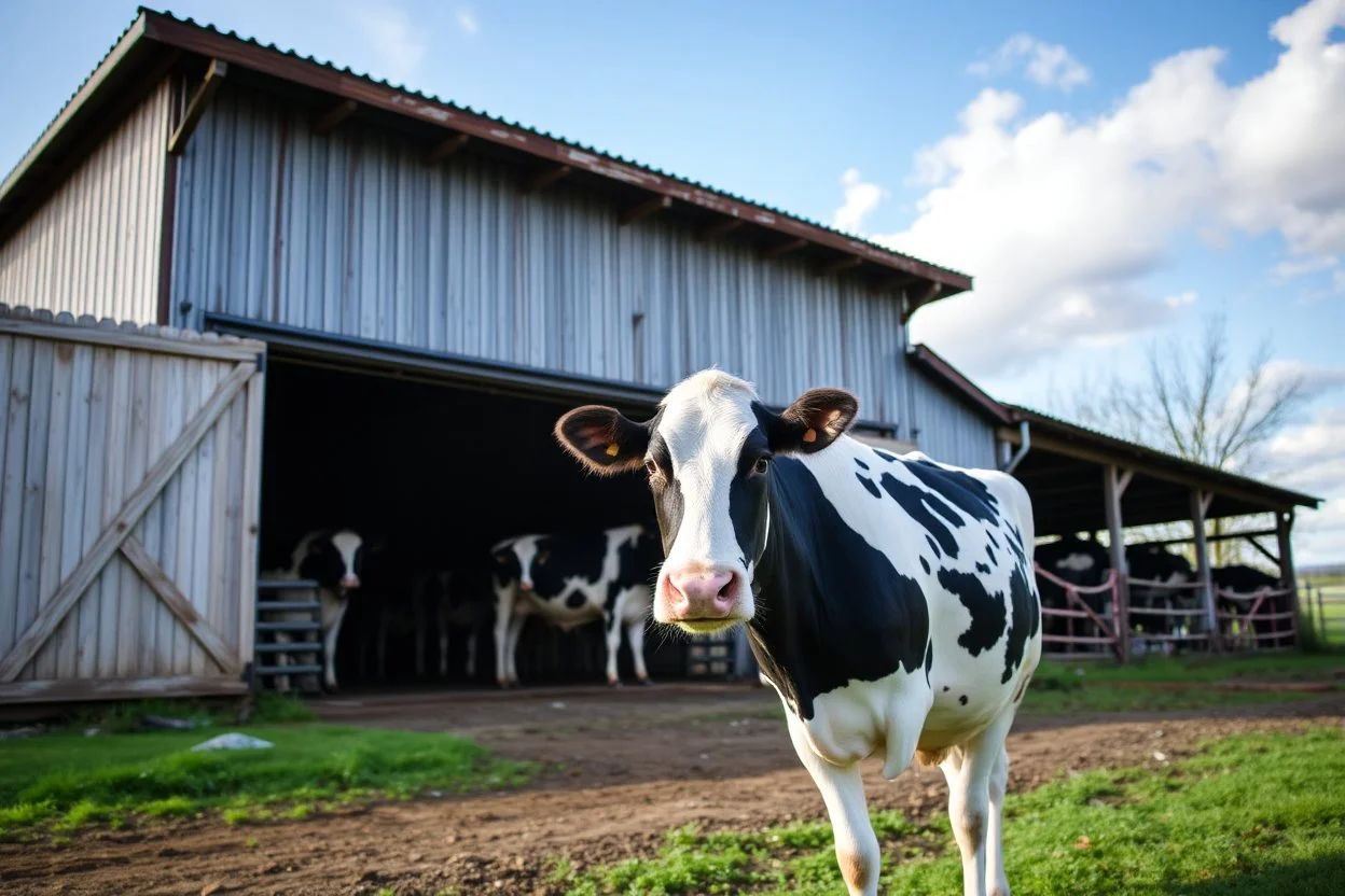 scenery of a Dairy barn, with one Holstein Cow in front