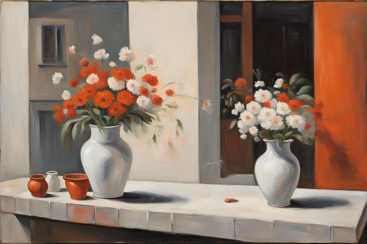 An oil painting depicts an indoor scene. On the left side of the picture is a white vase with white and red flowers in it. Below the vase seems to be a table or a counter. On the right side of the background is part of a building, showing orange and gray tones, with clothes hanging out to dry on the building. The whole picture is rich in color, with rough brushwork, giving a warm and vivid feeling.