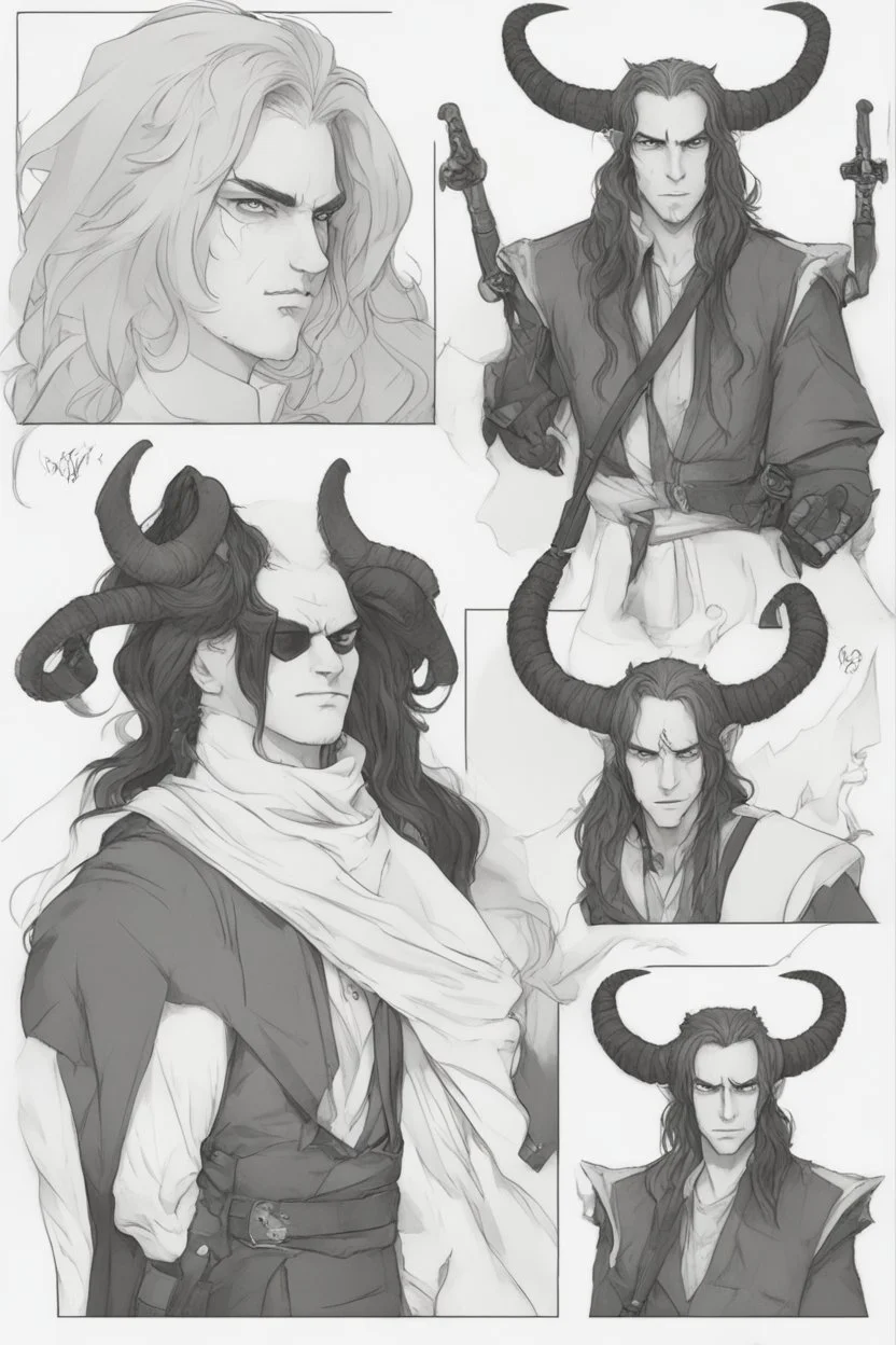 A dnd character sheet, a tiefling man with long hair and long black horns, white eyes and pale skin. Handsome.