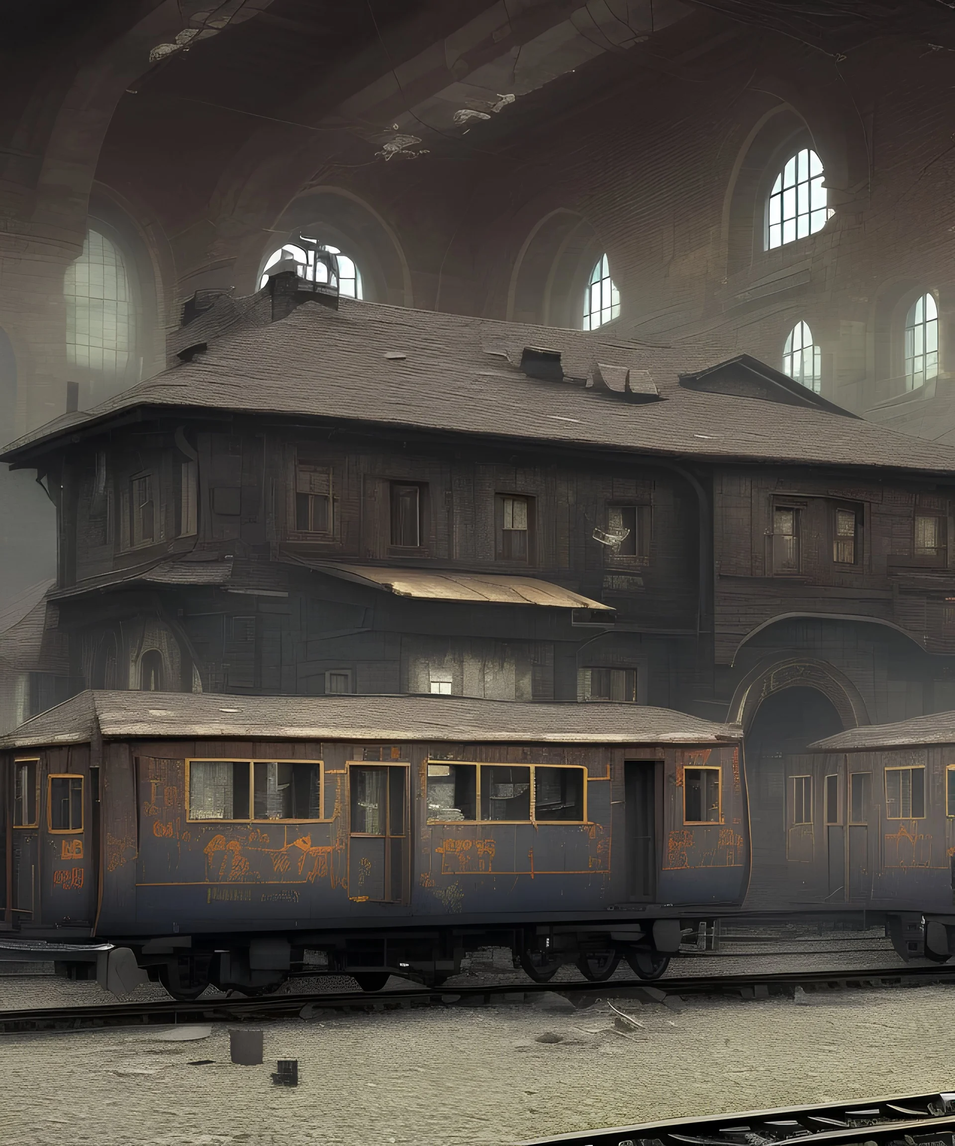 Homeless, deep colours, dark 1890 train station raillway background , great pose,magnificent, majestic, highly intricate, Realistic photography, incredibly detailed, ultra high resolution, 8k, complex 3d render, cinema 4d.