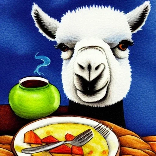 Cute llama is having breakfast. Ink and pencil, colours