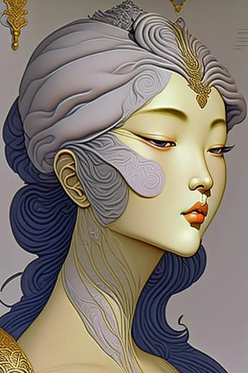 woman's face, half view, greyish colors, by artist "gilded melted bubblewarp";by artist "erte";by artist "michelangelo da vinci";by artist "lalique";by artist "hector guimard" ;character design by artist "emshwiller sol";by artist "fan ho"