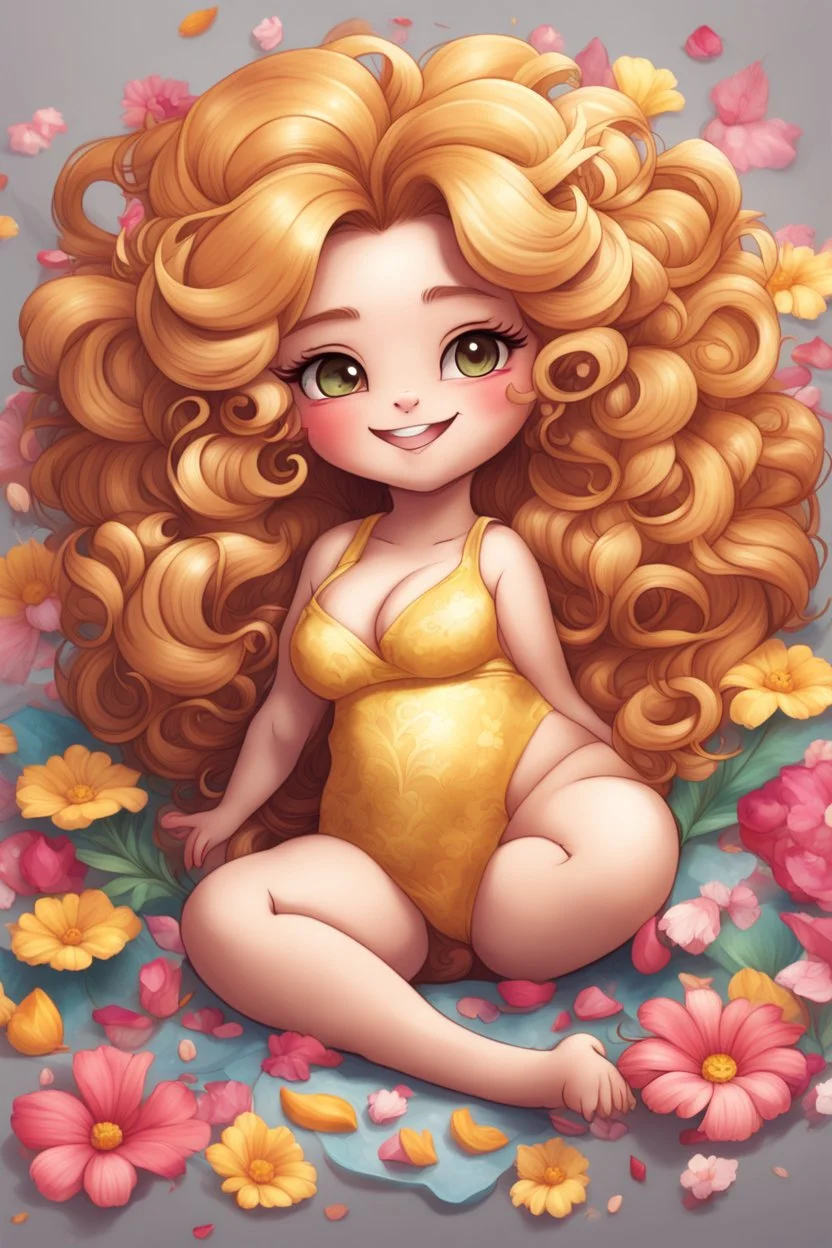 A sassy thick-lined airbrushed cartoon chibi girl lounging lazily on her side, surrounded by flower petals. She has a golden lion tail curling playfully behind her curvy body. Looking up coyly, she grins widely, showing sharp lion teeth. Her poofy hair forms a mane framing her confident, regal expression.