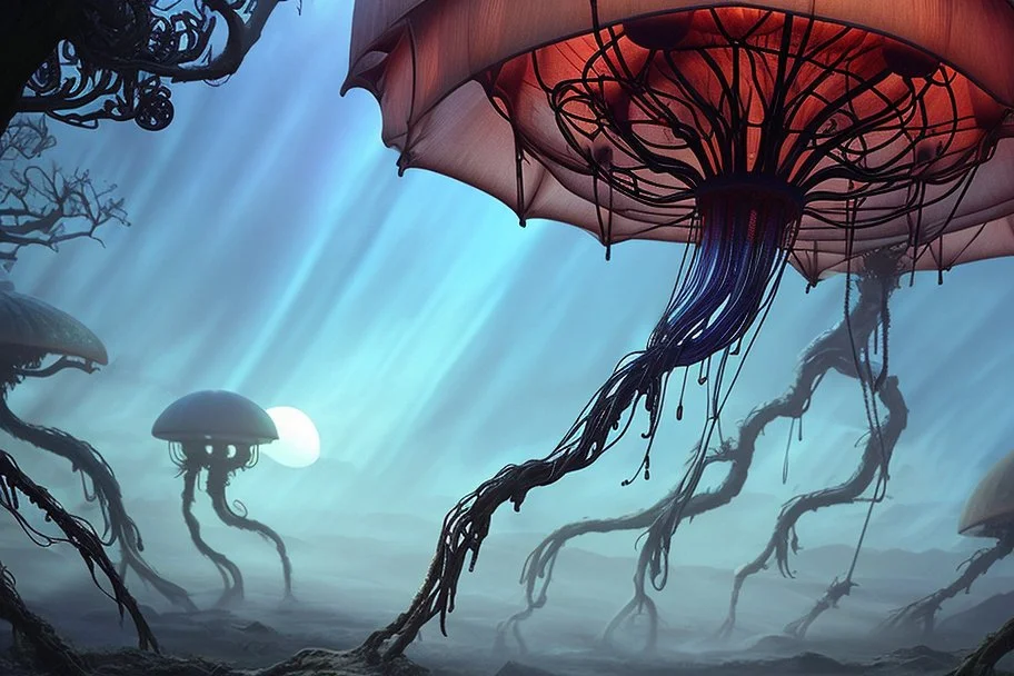 Alien forest with an umbrella made from a jellyfish, photorealistic, Detailed Matte Painting, Deep Colour, Fantastical, Intricate Detail, sunshine, blue sky