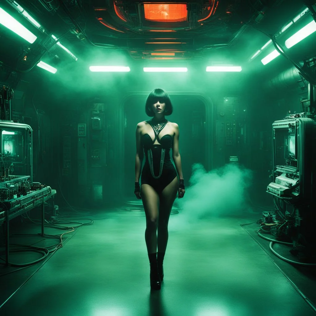 Glamorous female, in a alien laboratory, bound inside an insidious transformation chamber surrounded by radioactive smoke.