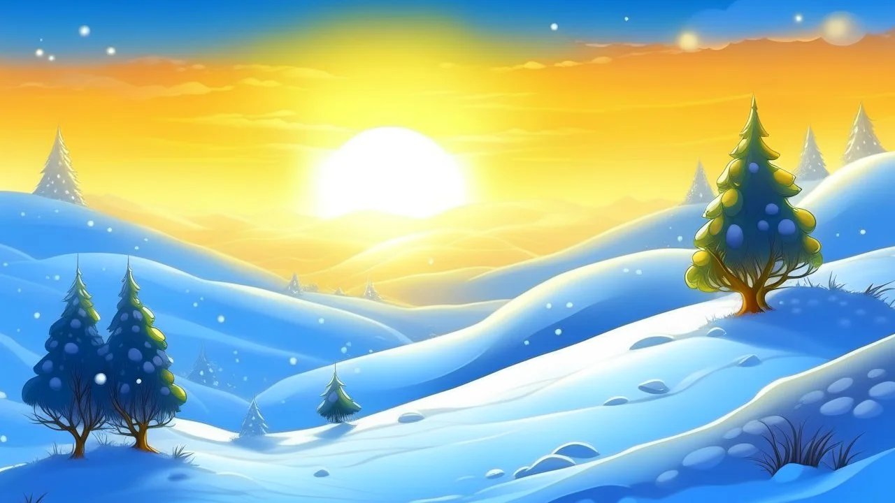 fantasy cartoon style: Upon a snowy hill. It is morning, the sun shines and the snow sparkles like tiny magical diamonds.