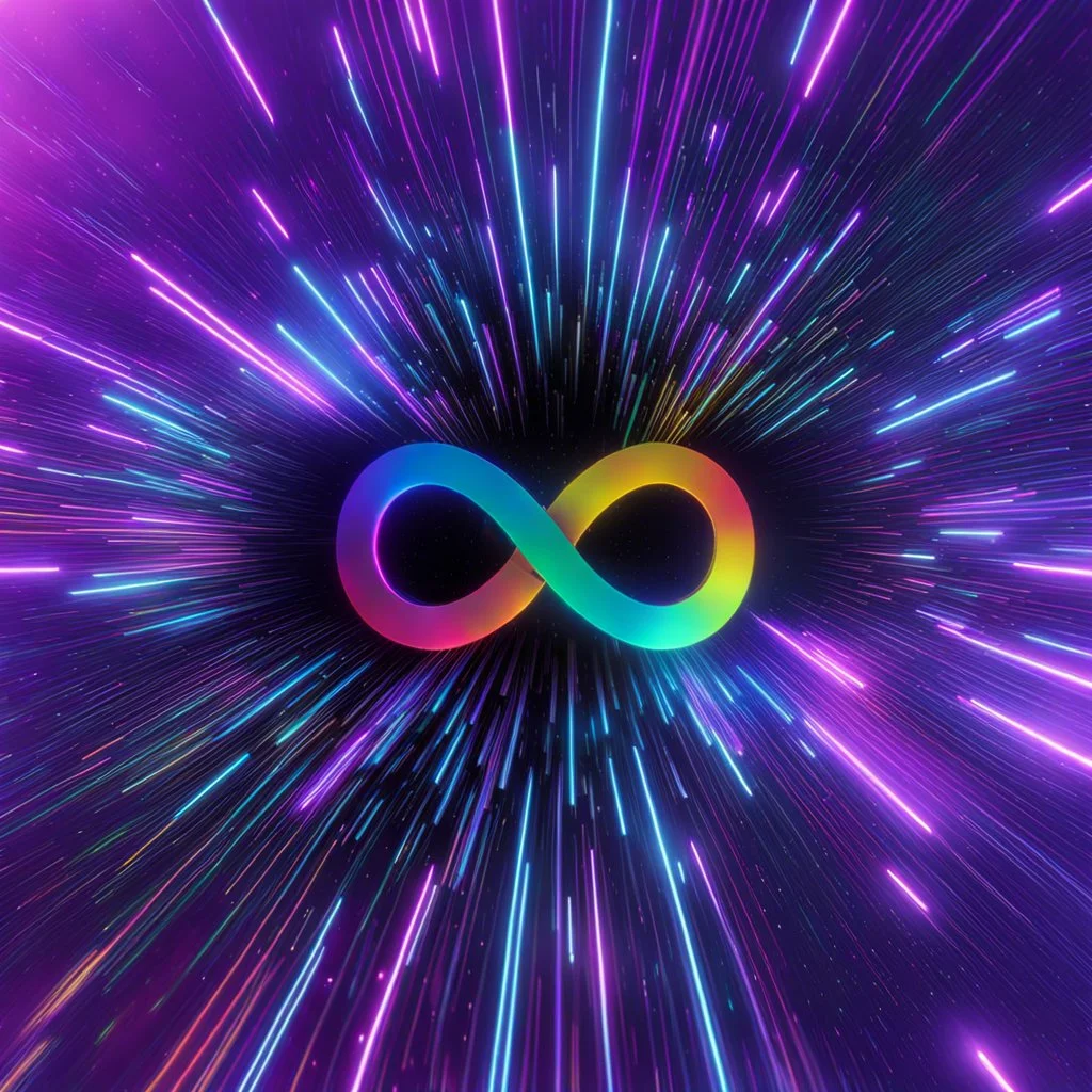 infinity symbol ∞ moving at warp speed, in space, striking, neon, chiaroscuro, dramatic, captivating, powerful, fantasy, beautiful, octane render, 16k post-production, artstation: award-winning: atmospheric: commanding: fantastical: clarity: ultra quality: striking: brilliance: stunning colors: amazing depth; lens: f/11, 35mm