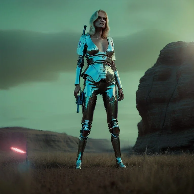 Ultra Realistic retro sci-fi movie war scene, waist up view portrait, blonde woman pointing a gun, sweet young Daryl Hannah face, perfect iris, glow eyes, makeup, weapon. War background, Retro sci-fi style, tight latex coat, fog, rain, soft color, highly detailed, unreal engine 5, ray tracing, RTX, lumen lighting, ultra detail, volumetric lighting, 3d, finely drawn, high definition, high resolution.