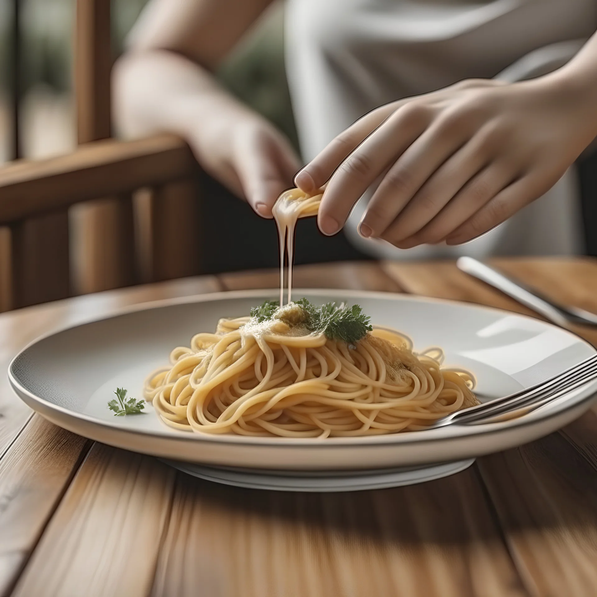 Crea un piatto di spaghetti alla carbonara in the wood table