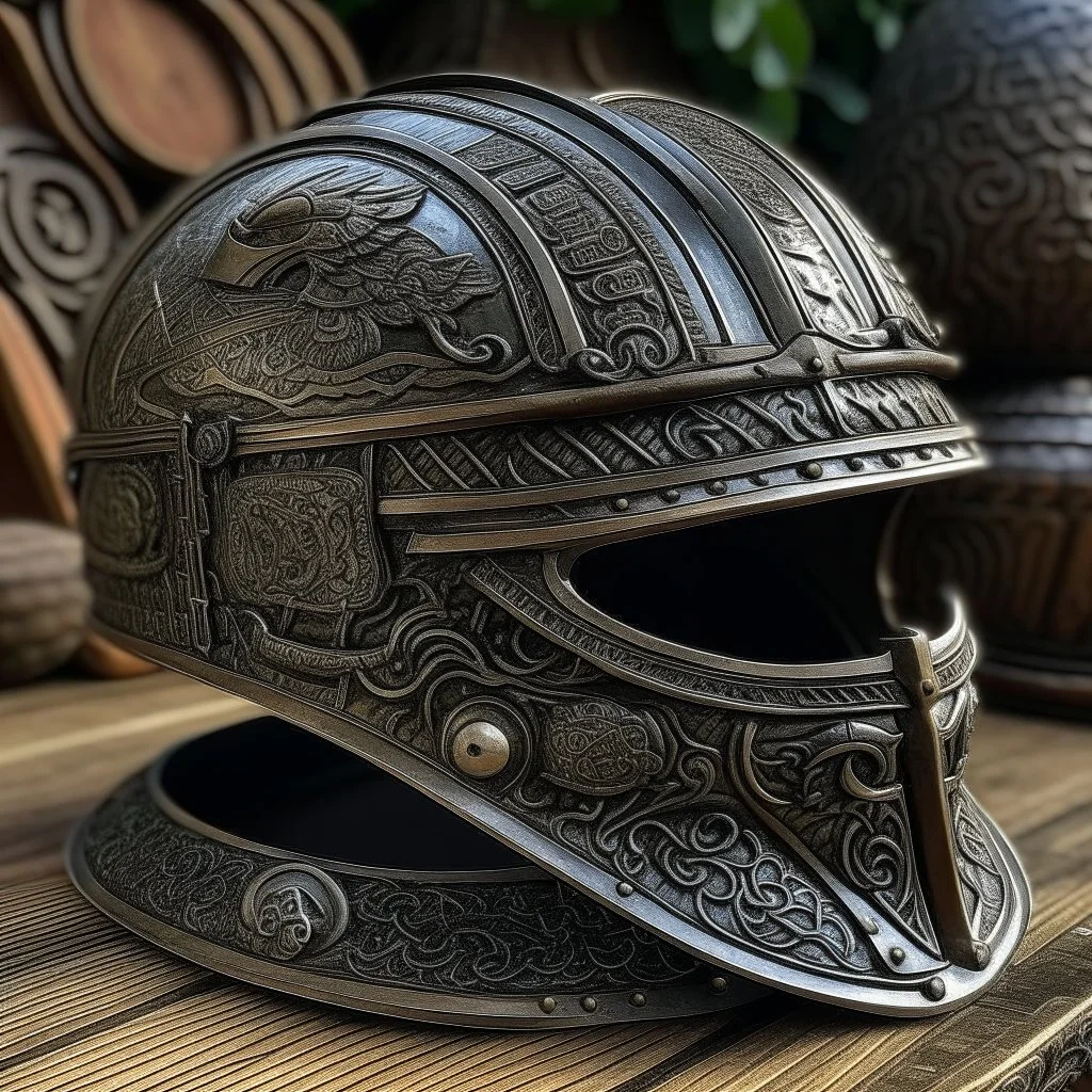 a combat knight helmet, intricately carved, etchings, designer, highly detailed