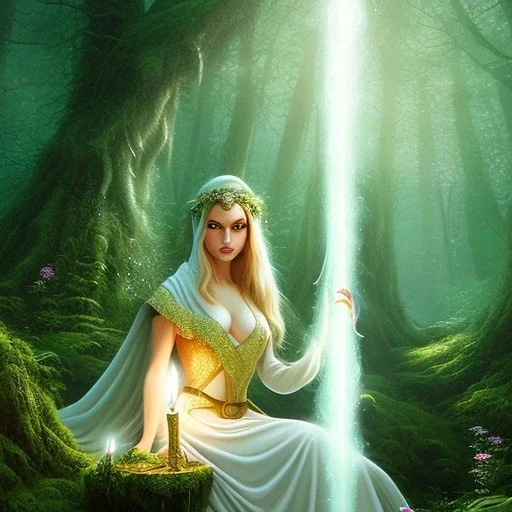 romantic fantasy spray painting, portrait of very cute hooded green eyed blonde robed bard with halo sitting on huge stone, bubbles, tossing torch in magical forest, foliage frame, magic wand,waterfall