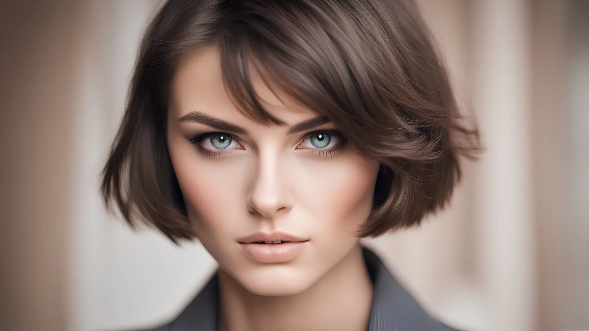 Beautiful brunette model with short hair, with beautiful eyes, focus on the eyes