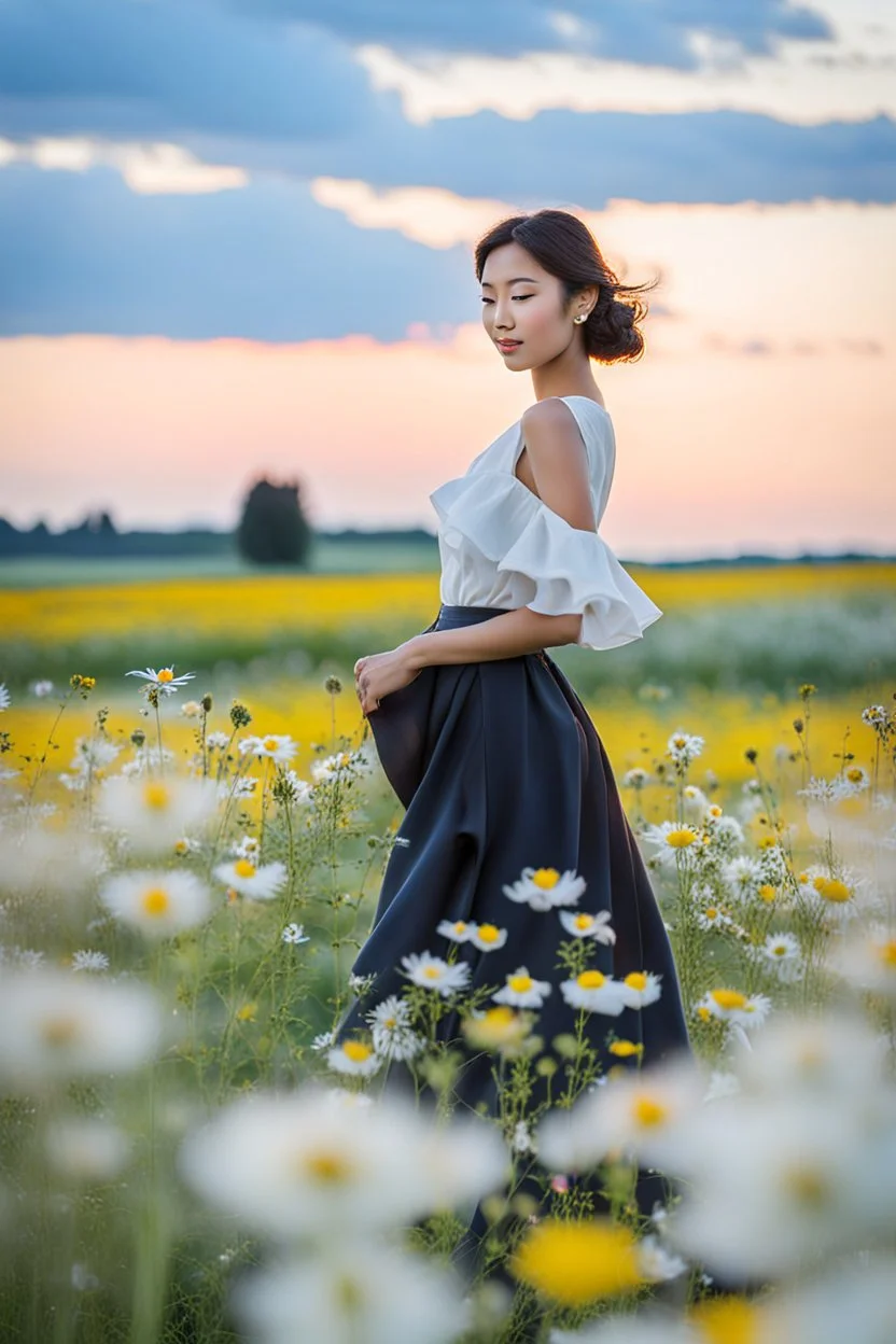 Young woman in flower field in the evening,f48,