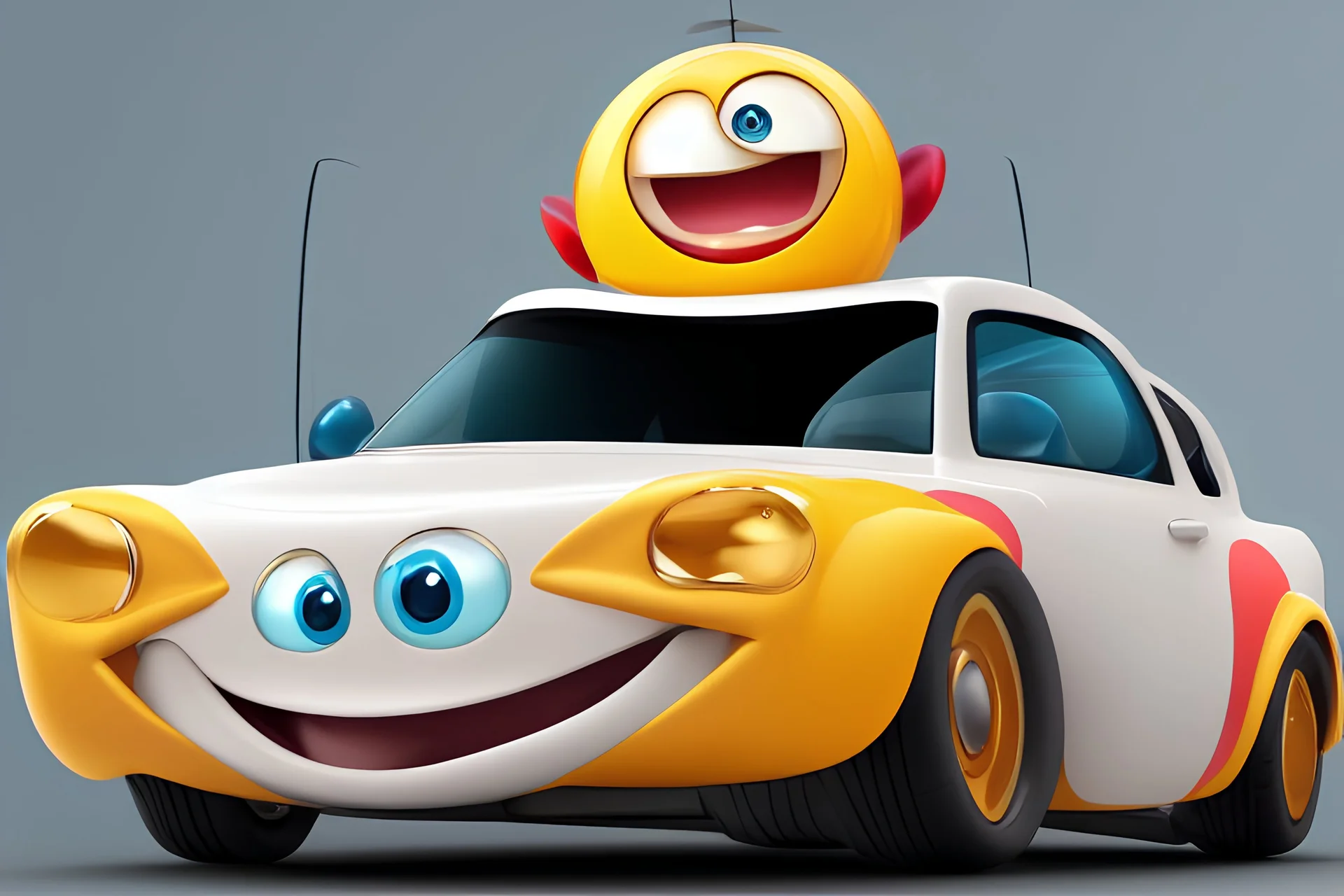 whimsical cartoon car with big eyes and its front grill forming a friendly smile