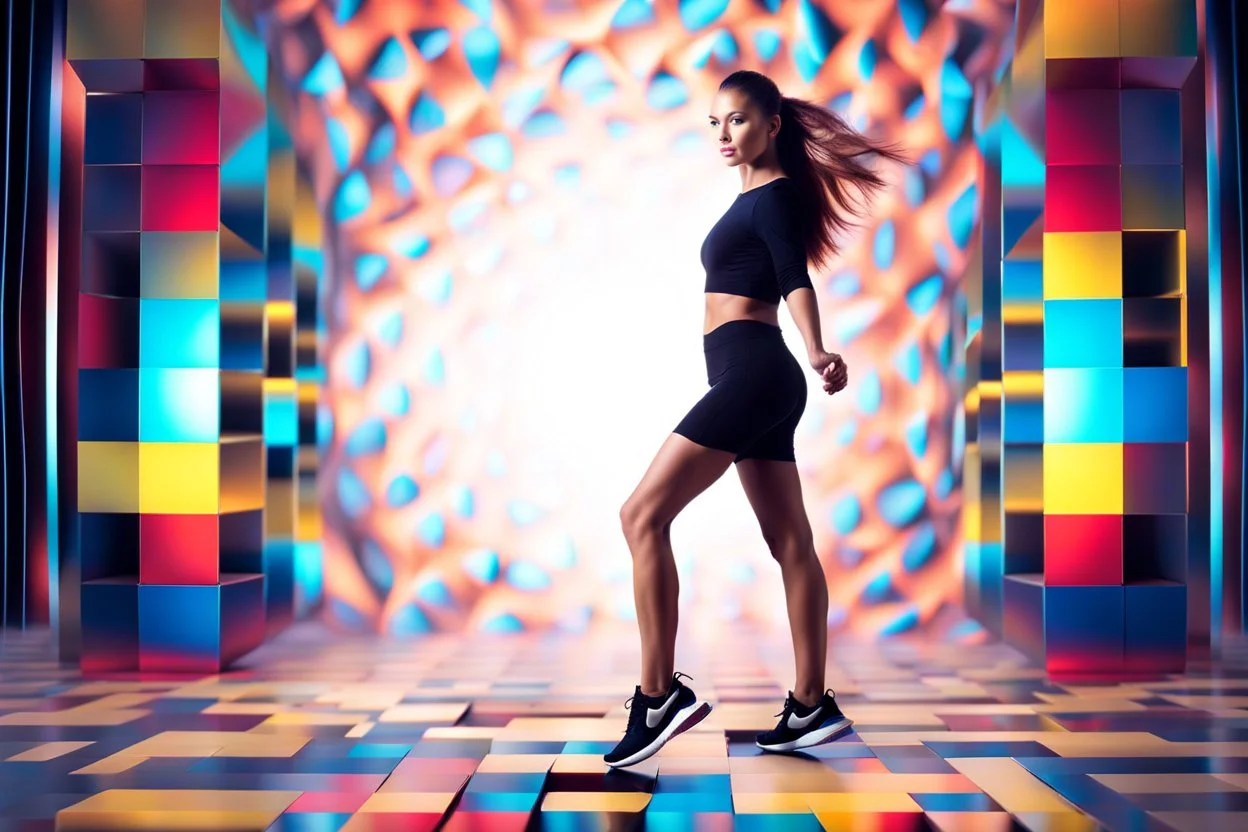 beautiful lady with todays modern clothing and sport shoes, in surreal stage made of fractal random size recursive objects with helical strip colors in clothing similar to environment full body dancing to camera,animating background metallic random color cubes