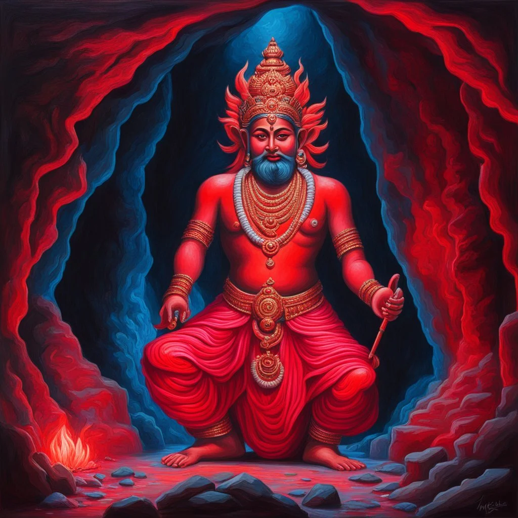 An oil painting of Hindu god YAMA in a cave, neon red colors, high detail, dark vibe