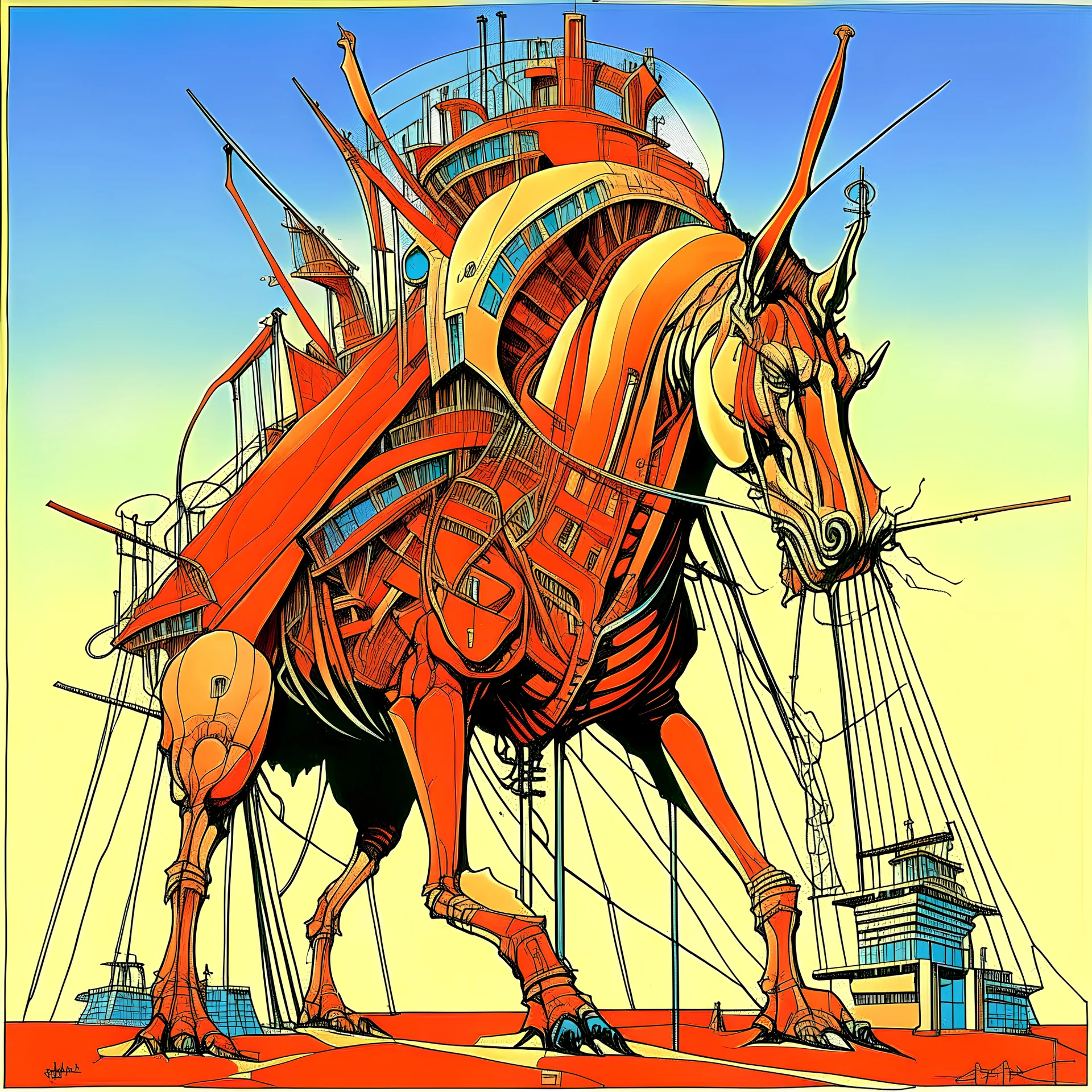 future trojan horse, neo surrealism, by John Stephens, by Gerald Scarfe