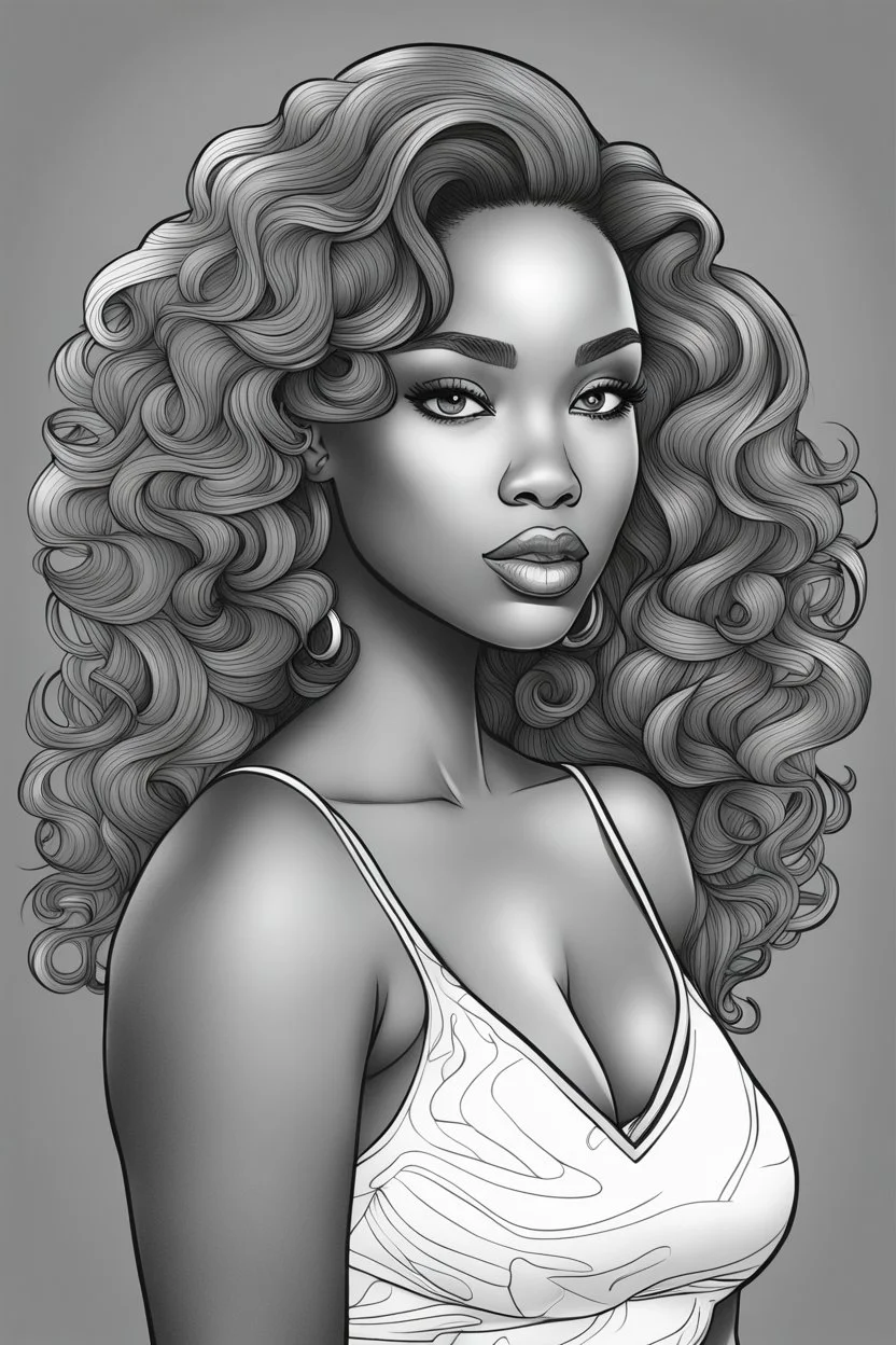 Create a coloring page of a beautiful curvy black female looking to the side with wavy hair. No shading, No color, clean lines