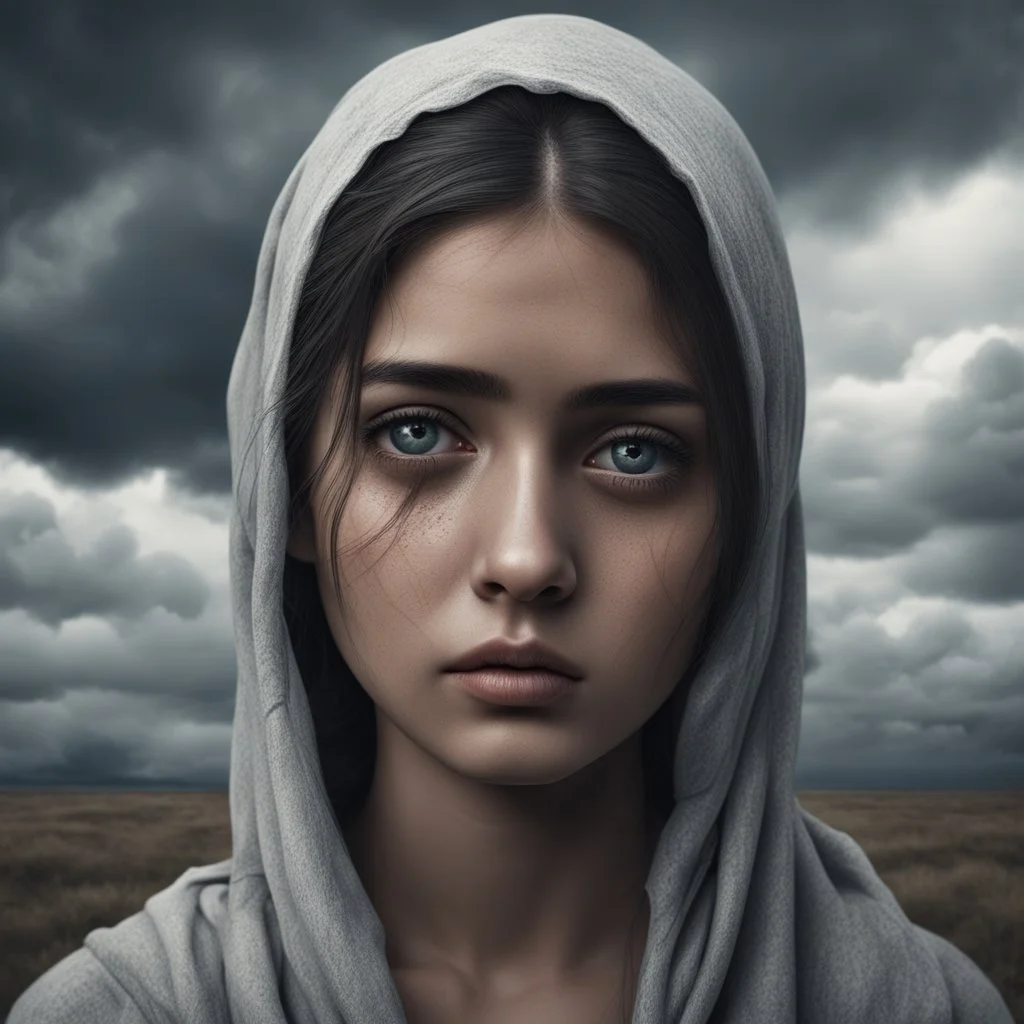 Hyper Realistic Sad young-Pushto-women-showing-tears-in-her-eyes with cloudy sky & dramatic ambiance