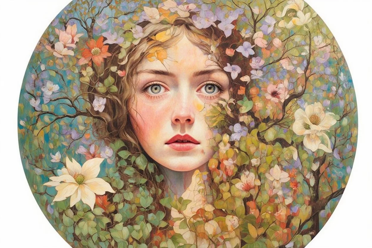 The faces you see in a spring forest... Modifiers: ethereal acrylic art abstract surreal Arthur Rackham Art Nouveau celestial Didier Lourenço Catrin Welz-Stein warm light fractured debeh