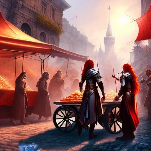 Three young teenagers with red hair, crowded busy street, stalls and carts with food and fruit, magic festival, spellcasting, leather armor,fantasy adventure, photorealistic, pristine,