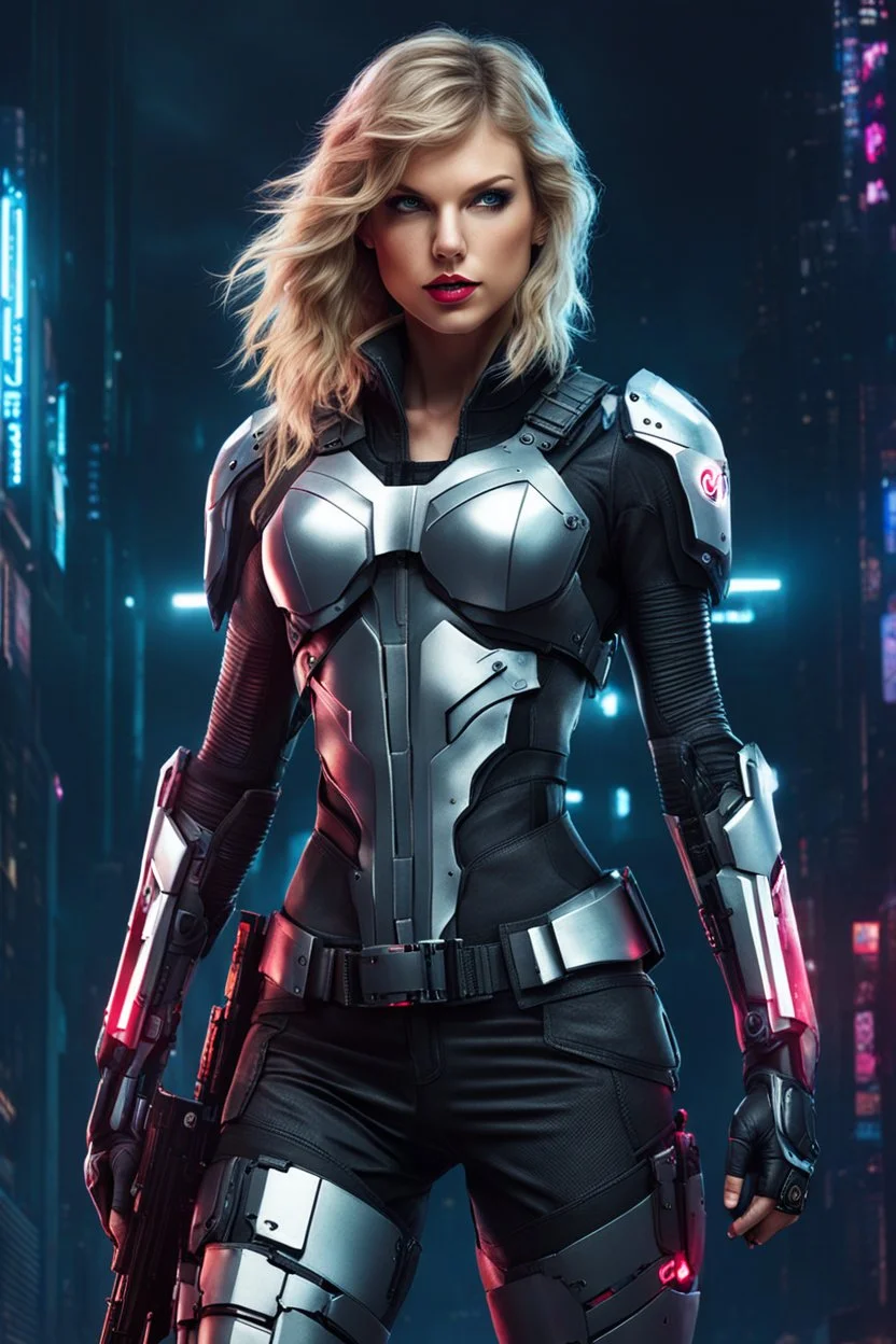 Full body image of a army cyberpunk cyborg beautiful Taylor Swift,good body,lighting background