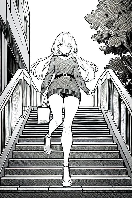 girl runs on the stairs, greyscale