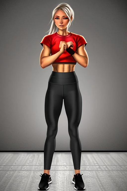 fighter girl with fire in her fist ready to fight tight sport shirt and leggins